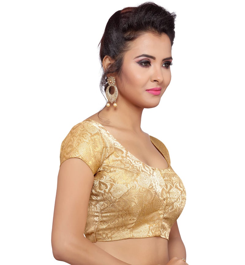 Studio Shringaar Women's Benaras Brocade Short Sleeves Readymade Saree Blouse,(Gold,38) - Image 2