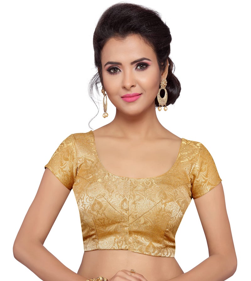 Studio Shringaar Women's Benaras Brocade Short Sleeves Readymade Saree Blouse,(Gold,38) - Image 1