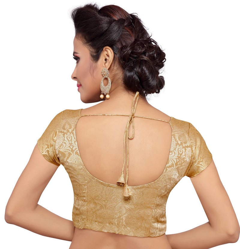 Studio Shringaar Women's Benaras Brocade Short Sleeves Readymade Saree Blouse,(Gold,38) - Image 4