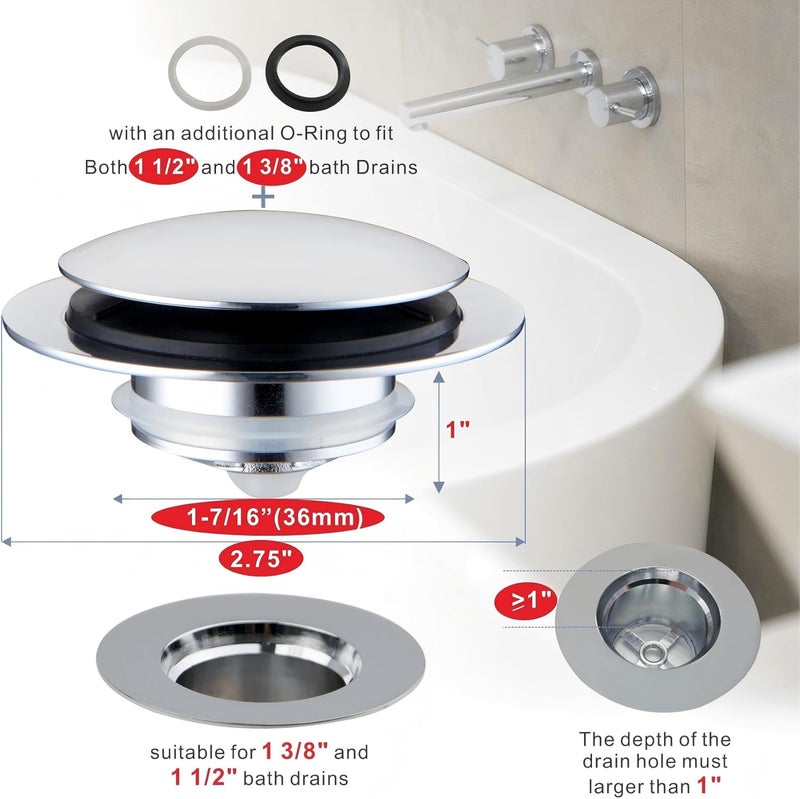 HIDROP Chrome Plated Universal Tub Dain Stopper, Pop Up Bath Drain Tip Toe Bathtub Drain Stopper,Conversion Kit Assembly, Replaces Lift and Turn, Tip-Toe and Trip Lever drains for Tub, EZ Install - Image 2