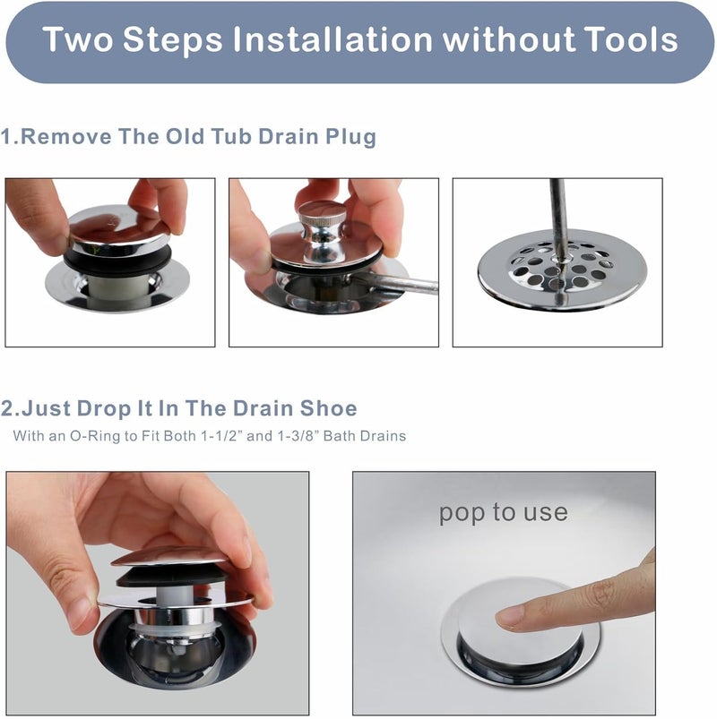 HIDROP Chrome Plated Universal Tub Dain Stopper, Pop Up Bath Drain Tip Toe Bathtub Drain Stopper,Conversion Kit Assembly, Replaces Lift and Turn, Tip-Toe and Trip Lever drains for Tub, EZ Install - Image 4