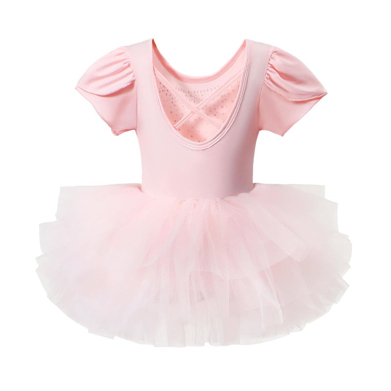 KARETT Toddler Ballet Leotard with Snap Glitter Ballerina Outfit Criss-Cross Short Sleeve Pink Tutu Dress for Girls 1-2 Years - Image 2