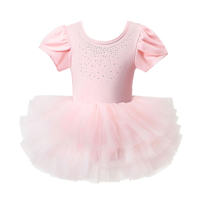 KARETT Toddler Ballet Leotard with Snap Glitter Ballerina Outfit Criss-Cross Short Sleeve Pink Tutu Dress for Girls 1-2 Years - Image 1