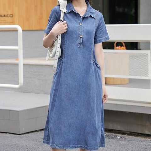 2025 Summer New Korean Style Design Sense Short Sleeve Casual Age-reducing plus size Mid-length Thin Denim dress Picture Color