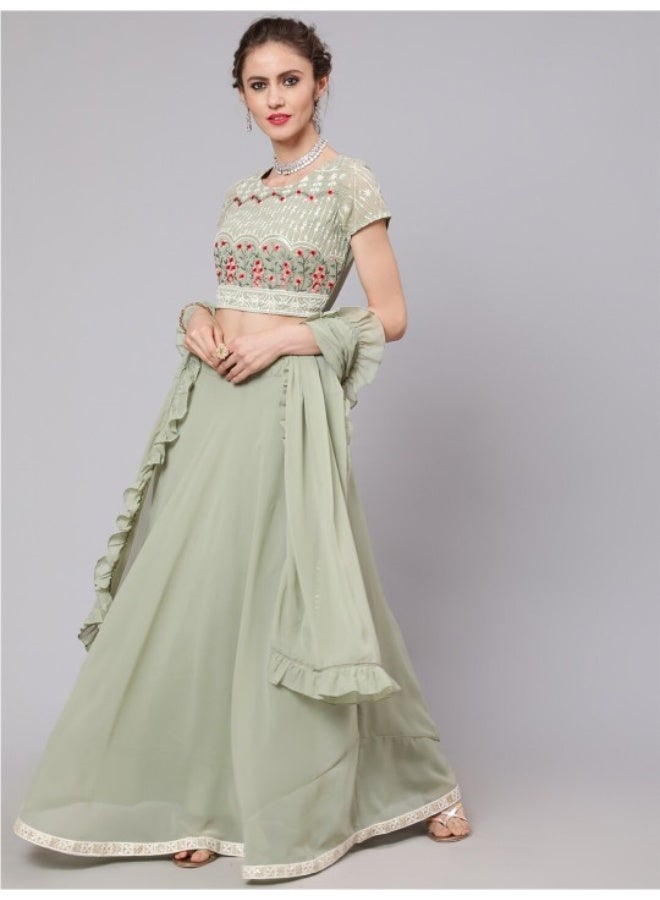 AKS Pastel Green Embroidered Lehenga Choli With Dupatta Set - Image 1