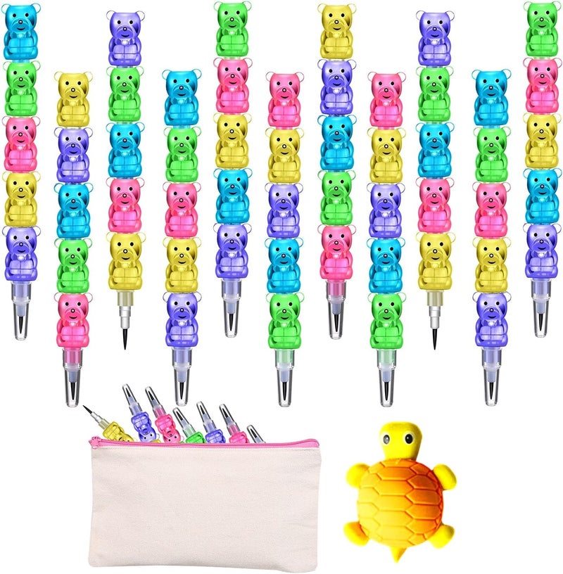 Odowalker 32pcs Stackable Pencils Plastic Bear Pencils 5 in 1 Stacking Colored Pencils with Turtle Erasers and DIY Blank Bag For Birthday Party Supplies Goodie Bag Filler School - Image 1