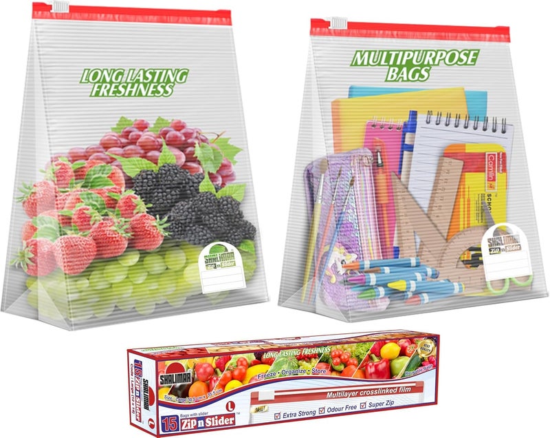 shalimar حقيبة شاليمار القابلة لإعادة الاستخدام بسحاب - حجم كبير - عبوة من 1 (15 حقيبة) - حقيبة بسحاب/حقيبة خضار/حقيبة تجميد/حقيبة تخزين متعددة الاستخدامات - لون طبيعي - Image 1