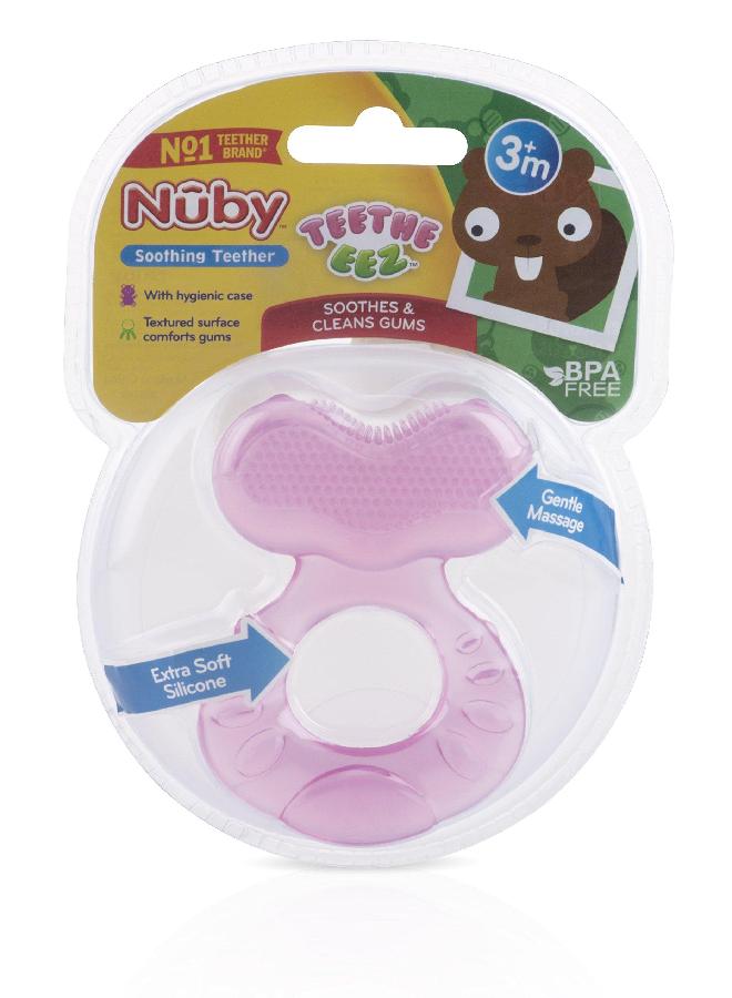 Nuby Silicone Teethe-EEZ Teether with Bristles, Includes Hygienic Case, Pink - Image 2
