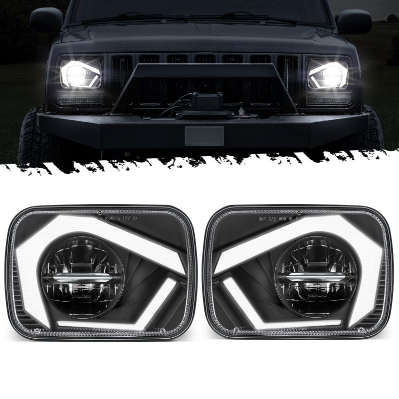مصابيح أمامية LED من Partsam Eagle Eye H6054 7x6 5x7 مع شعاع عالي ومنخفض مع إضاءة نهارية مضادة للتوهج وإشارة انعطاف متسلسلة بدون بداية ونهاية متحركة معتمدة من DOT باللون الأسود