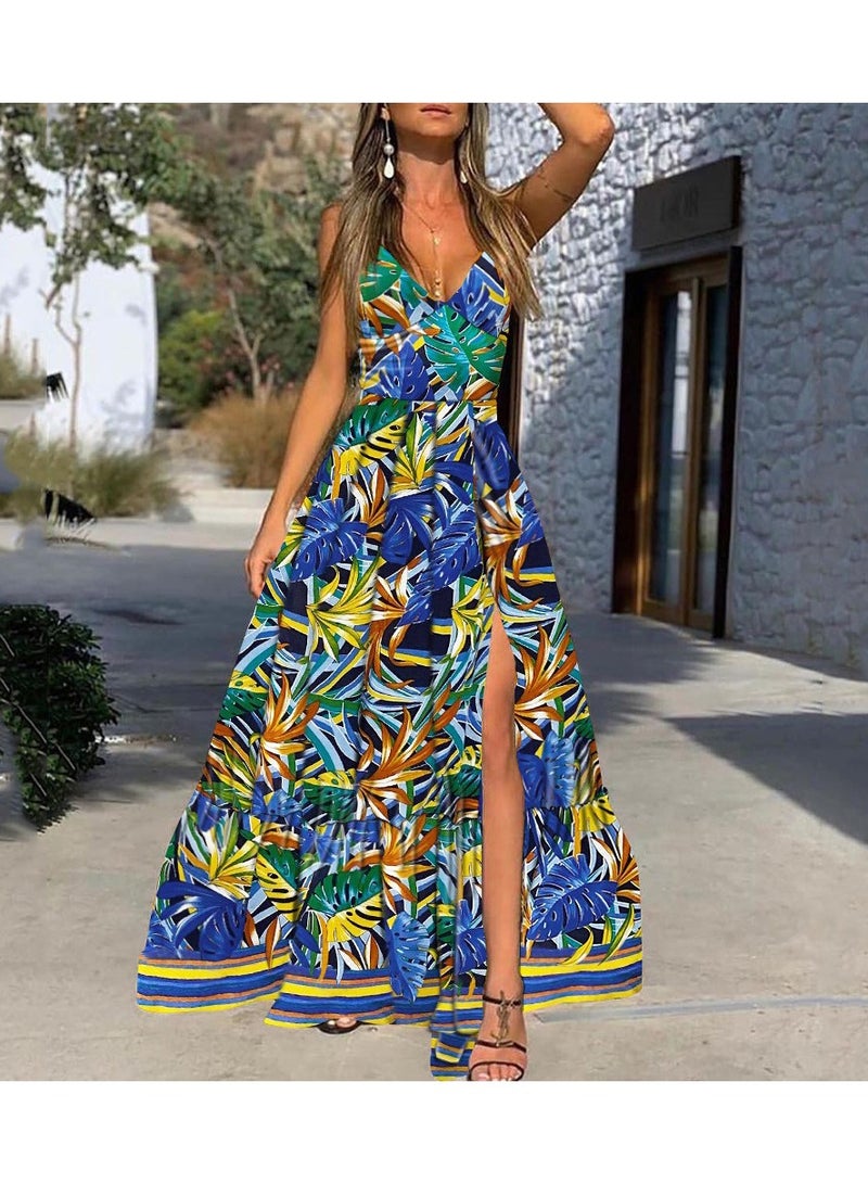 NIBEMINENT Summer European and American Women's Clothing DressStrap Printed Leaves Beach Vacation Split Dres - Image 1