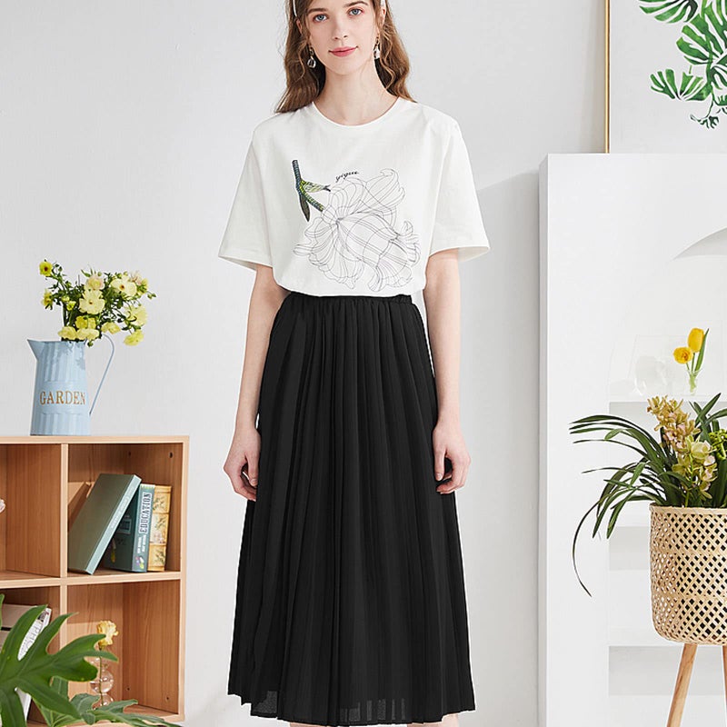 Basoteeuo Black Pleated Skirt for Women Midi Length Summer High Waisted A Line Elastic Waist Skirts XXL - Image 2