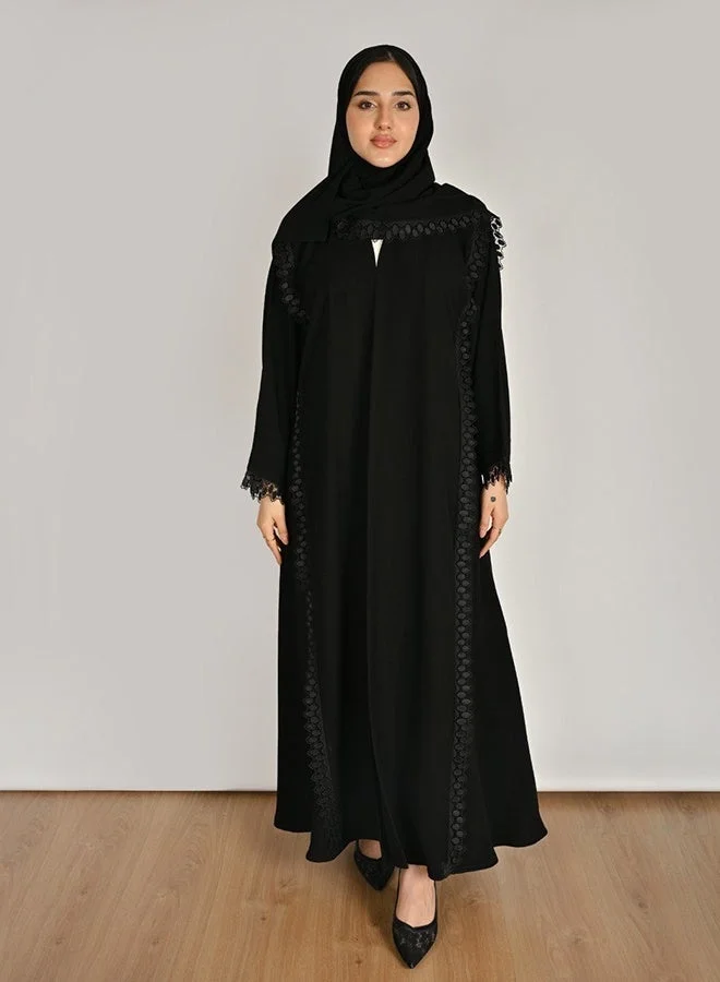 Hawraa Abaya Black Wrap Abaya with a Soft Flared Silhouette and Elegant Lace Trim