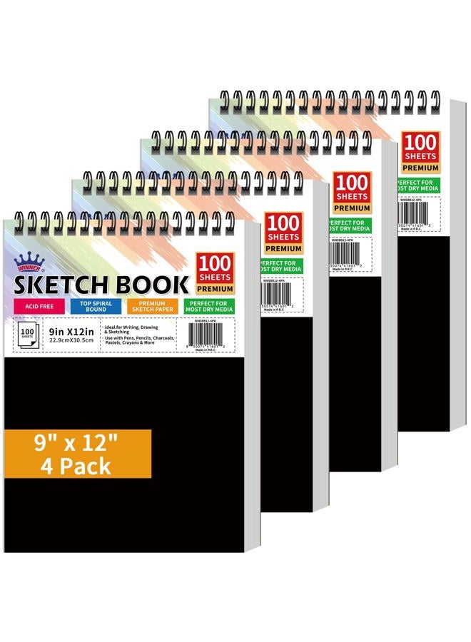 Winner 9" x 12" Sketch Book 4 Pack, 400 Sheets Spiral Bound Art Sketchbook, 68lb/100gsm White Acid Free Drawing Pad, Painting Drawing Writing Sketch Pad, Art Supplies for School, Kids, Adults &Teens - Image 1