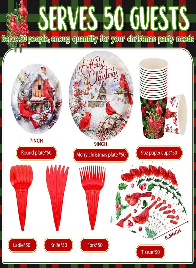 Suttmin 350 Pieces Christmas Disposable Dinnerware Set, Serves 50, Merry Christmas Paper Plates Red Cardinal Napkins Cups Cutlery for Christmas Holiday Dinner Party Decorations - Image 2
