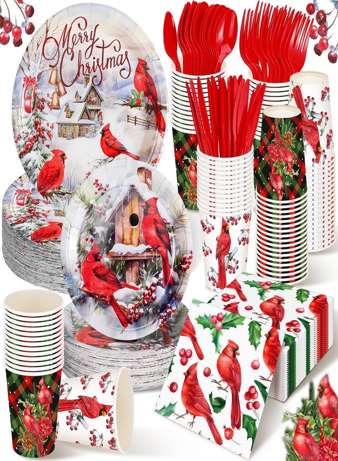 Suttmin 350 Pieces Christmas Disposable Dinnerware Set, Serves 50, Merry Christmas Paper Plates Red Cardinal Napkins Cups Cutlery for Christmas Holiday Dinner Party Decorations - Image 1
