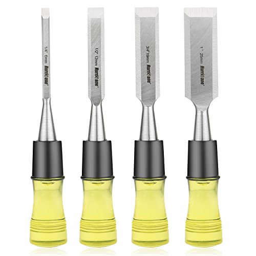 Hurricane مجموعة أدوات نحت الخشب HURRICANE من 4 قطع. شفرات حواف مائلة من فولاذ CR-V مع أغطية أمان. مقبض كبير جداً، أدوات نحت بمقبض من PVC مقاوم للصدمات (1/4"، 1/2"، 3/4"، 1") - Image 1