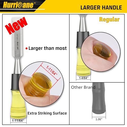 Hurricane مجموعة أدوات نحت الخشب HURRICANE من 4 قطع. شفرات حواف مائلة من فولاذ CR-V مع أغطية أمان. مقبض كبير جداً، أدوات نحت بمقبض من PVC مقاوم للصدمات (1/4"، 1/2"، 3/4"، 1") - Image 3