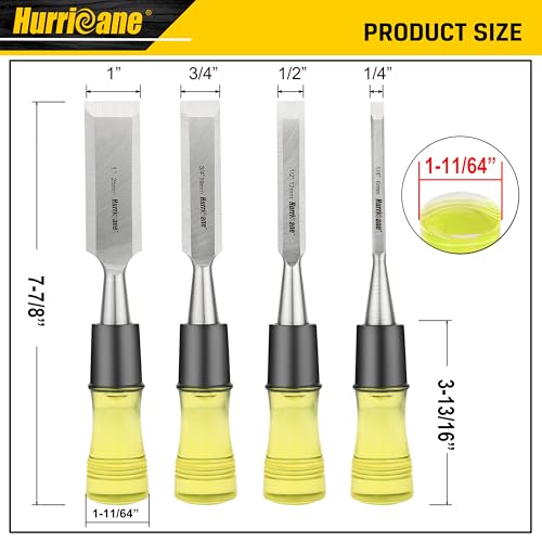 Hurricane مجموعة أدوات نحت الخشب HURRICANE من 4 قطع. شفرات حواف مائلة من فولاذ CR-V مع أغطية أمان. مقبض كبير جداً، أدوات نحت بمقبض من PVC مقاوم للصدمات (1/4"، 1/2"، 3/4"، 1") - Image 2