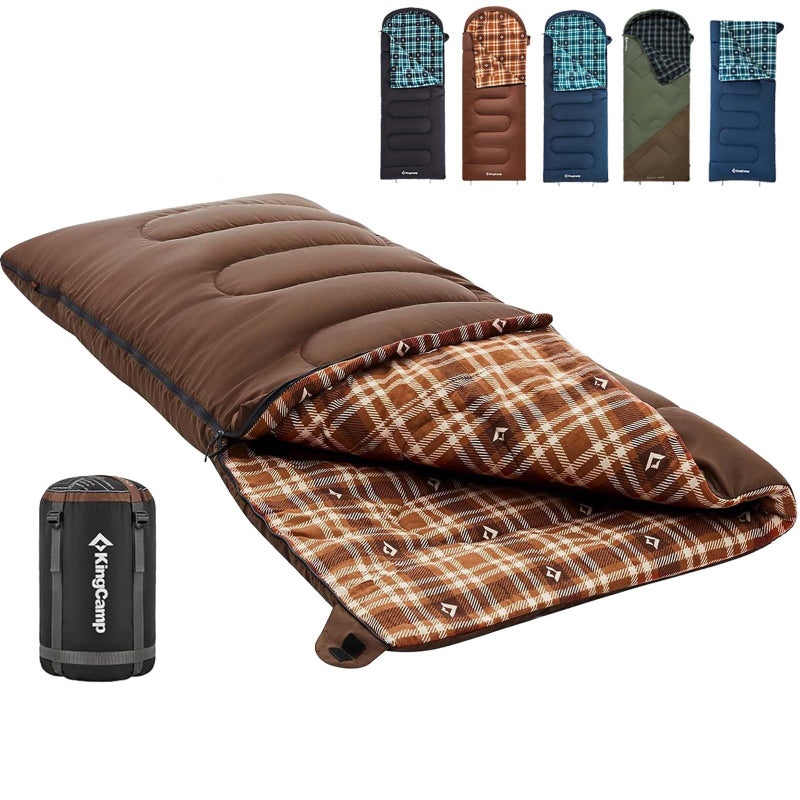 KingCamp Sleeping Bag for Adults Cold Weather Warm XL Big and Tall Flannel Sleeping Bags with Compression Sack Portable Waterproof Essentials Gear Accessories for Outdoor Camping Coffee Left