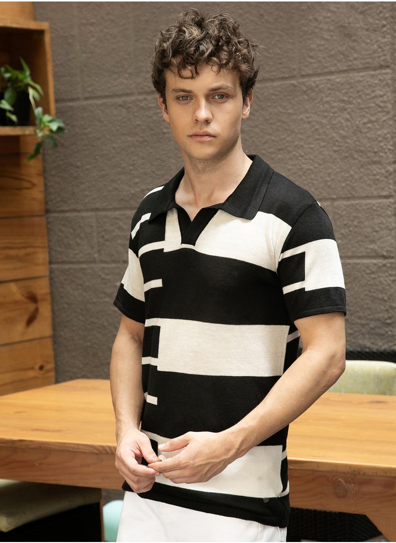 Campus Sutra Men's Onyx Black & Chalk White Contrast-Block Polo T-Shirt  - Image 3