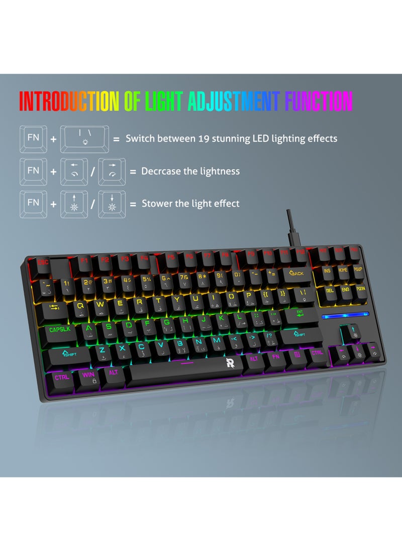 Rock Pow - 75% Gaming Keyboard Arabic English 87 Keys Mechanical Keyboard with RGB Backlit 19 Modes Wired Mini Keyboard PBT Keycaps for PC Gaming and Working (Blue Switch) - Image 1