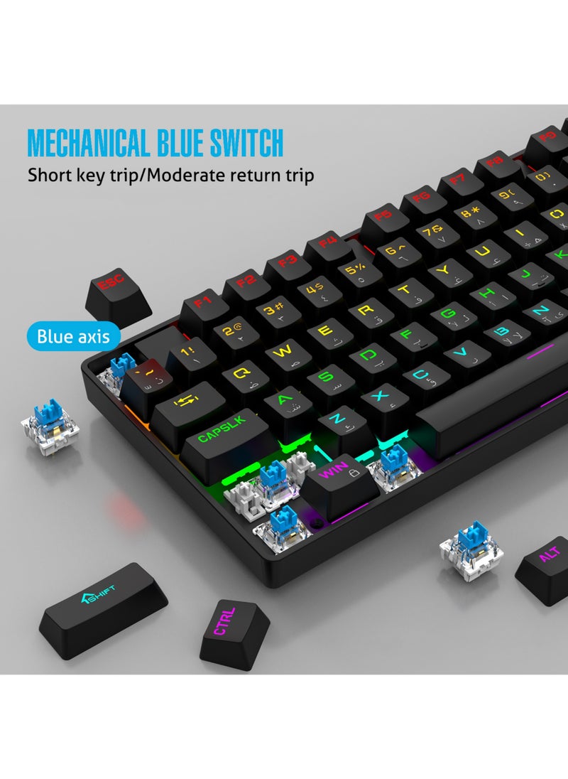 Rock Pow - 75% Gaming Keyboard Arabic English 87 Keys Mechanical Keyboard with RGB Backlit 19 Modes Wired Mini Keyboard PBT Keycaps for PC Gaming and Working (Blue Switch) - Image 1