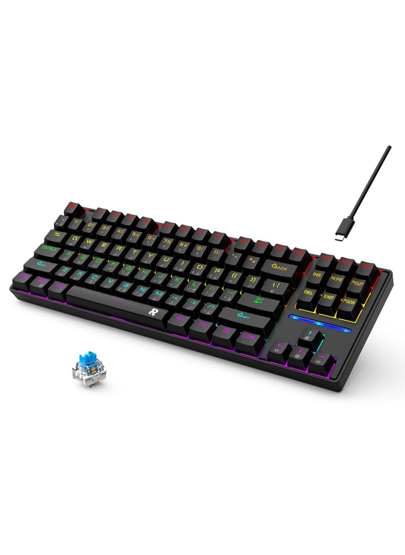 Rock Pow - 75% Gaming Keyboard Arabic English 87 Keys Mechanical Keyboard with RGB Backlit 19 Modes Wired Mini Keyboard PBT Keycaps for PC Gaming and Working (Blue Switch) - Image 1