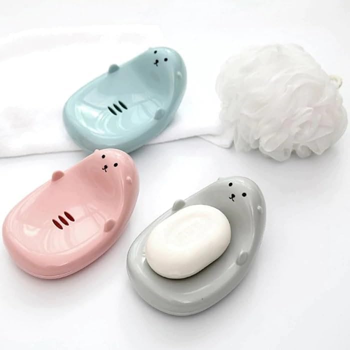 MR. JV MR.JV Cute Cartoon Plastic Draining Soap Dish for Bathroom & Shower - Waterproof Wall-Mounted Soap Holder, Strainer Soap Case, and Dish Scrub Sponge Container. [Pack of 2] - Image 1