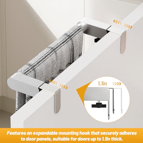 VEHHE Retractable Kitchen Towel Holder, Hand Screwed Telescopic Over The Door Towel Rack with Hooks Adjustable to Cabinet Door Thickness, with EVA Foam Pad, L10.3~17 X W2.75 X H2.36 inches (Silver) - Image 5