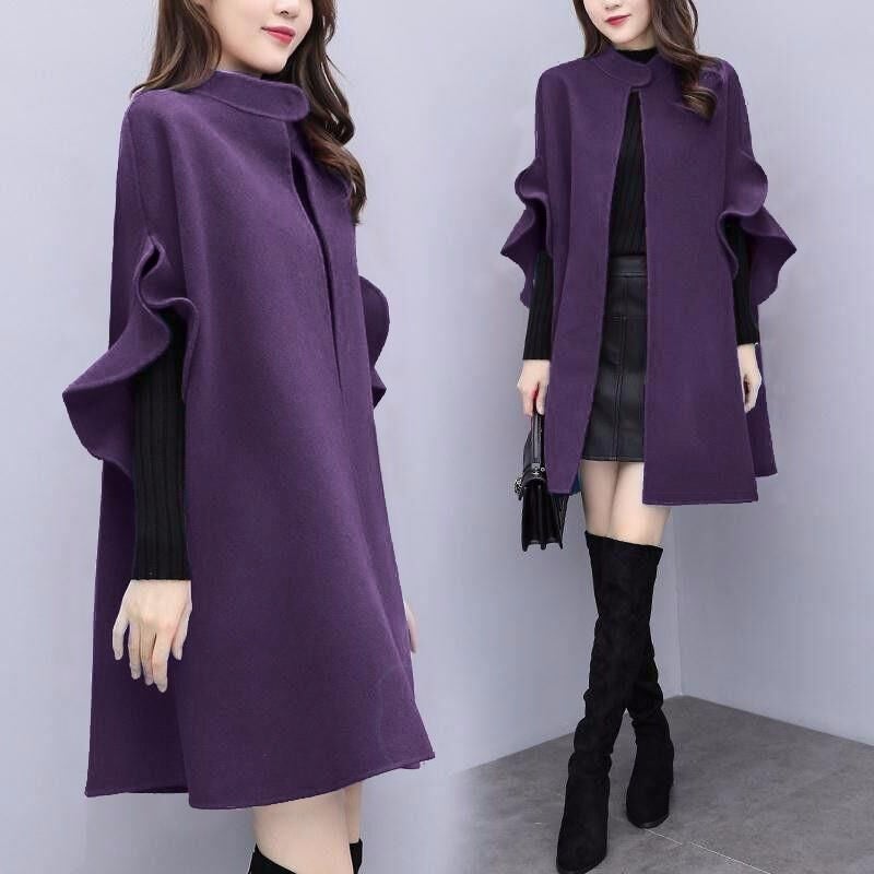 New Womens Clothing Large Size Mid-length Woolen Coat for Spring, Autumn and Winter Womens Red British A- Line Cloak Woolen Coat Purple 