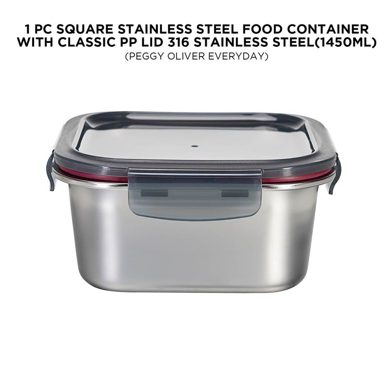 Peggy Oliver Everyday 1450Ml Square Stainless Steel Food Container With Classic Pp Lid 316 Stainless Steel Microwave and Dishwasher Safe - Image 2