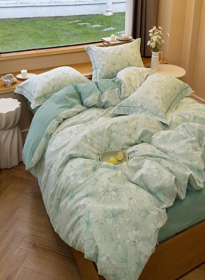 AOJIM Aesthetic Floral Printed Duvet Cover Set for Room Decor, Green Pure Cotton Comforter Cover Set 3pcs for Kids Adults, 1 Soft AB-Sided Quilt Cover Queen Size and 2 Matching Pillowcases, No Quilt - Image 1