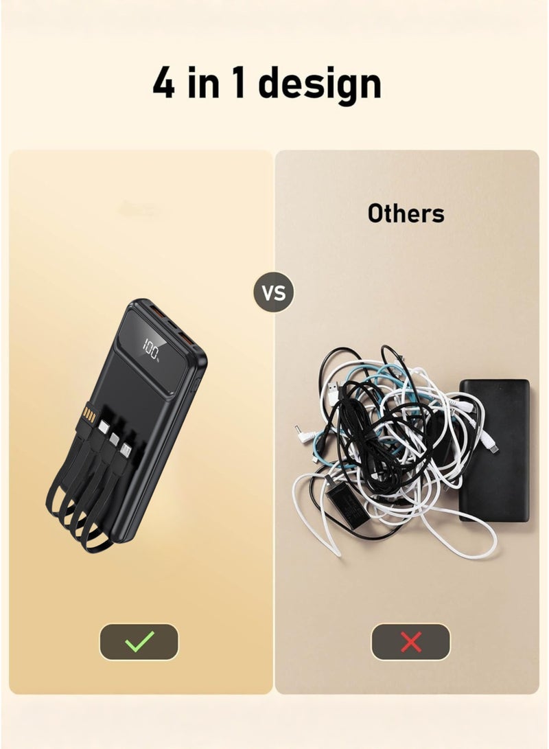 Levino Power Bank 10000mAh 22.5W Fast Charging, Flight Approved Lightweight Portable Powerbank with 4 Built-in Cables (USB, Type-C, Lightning, Mini USB), 2 USB + Type-C Port, Overheat Protection & Auto Charging Stop, Universal Fast Charger – Black - Image 4