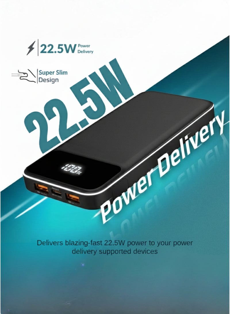 Levino Power Bank 10000mAh 22.5W Fast Charging, Flight Approved Lightweight Portable Powerbank with 4 Built-in Cables (USB, Type-C, Lightning, Mini USB), 2 USB + Type-C Port, Overheat Protection & Auto Charging Stop, Universal Fast Charger – Black - Image 2
