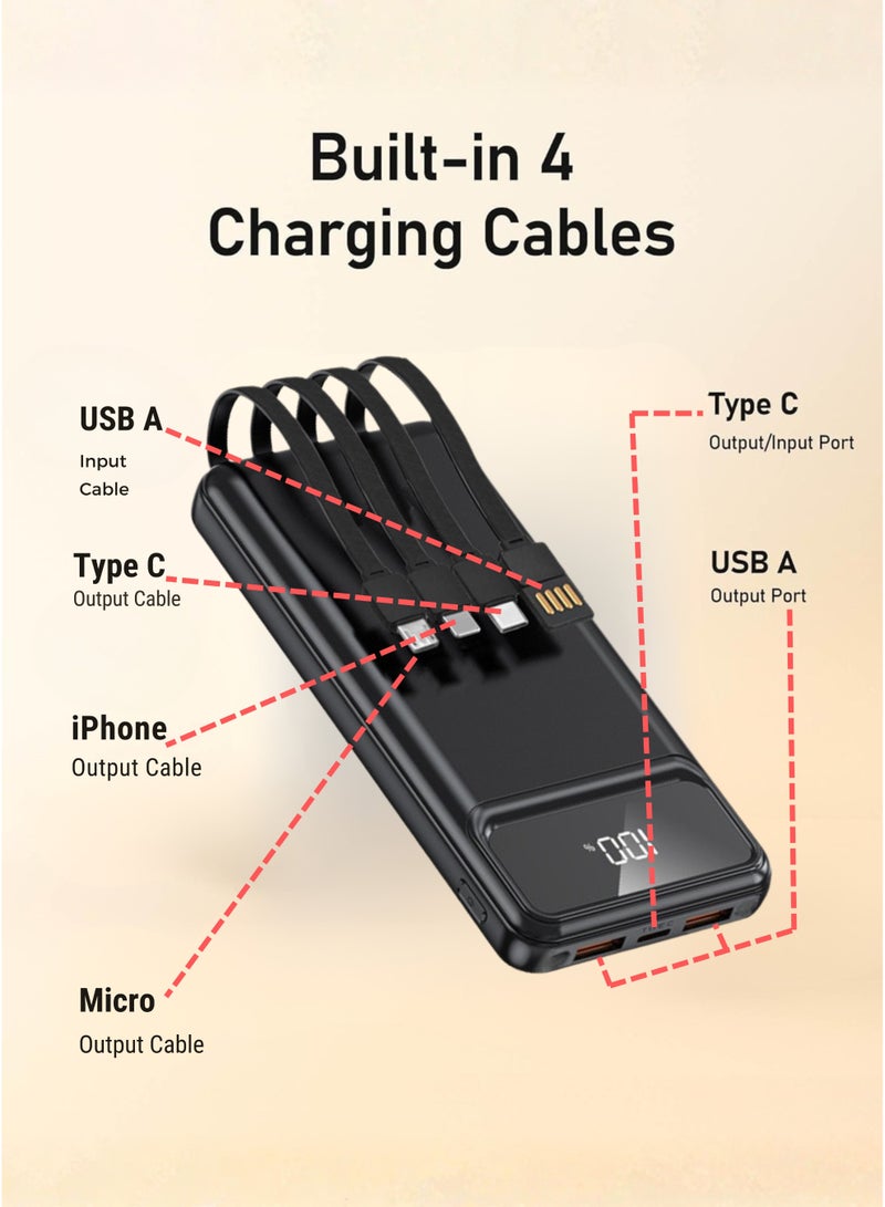 Levino Power Bank 10000mAh 22.5W Fast Charging, Flight Approved Lightweight Portable Powerbank with 4 Built-in Cables (USB, Type-C, Lightning, Mini USB), 2 USB + Type-C Port, Overheat Protection & Auto Charging Stop, Universal Fast Charger – Black - Image 5
