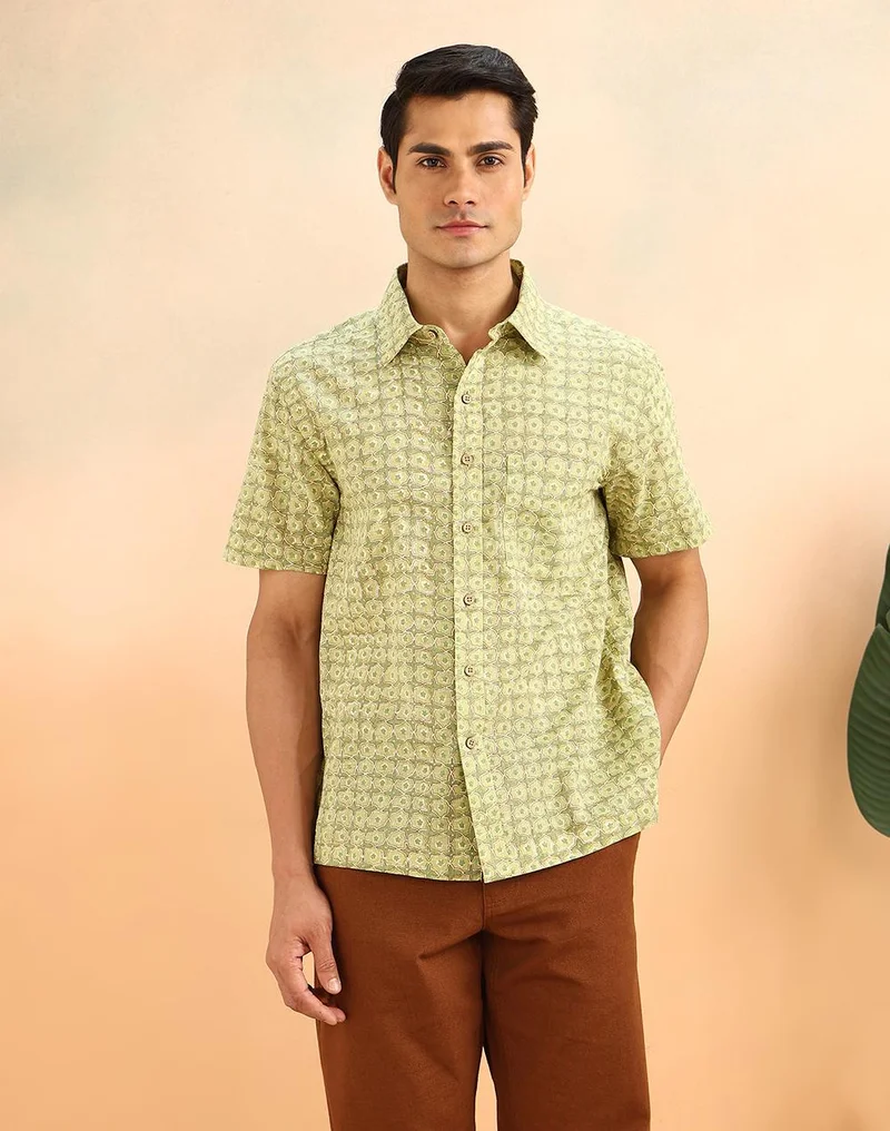 Fabindia Green Cotton Hand Block Printed Bush Shirt