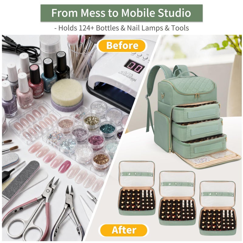 CUBETASTIC Extra Large Nail Polish Organizer Backpack, Holds 124+ Bottles & Full Size Lamp, Travel Nail Organizers and Storage Bag with 3 Removable Pouches, Portable Nail Supplies Case (Rhombus Green, 124 Slots) - Image 4