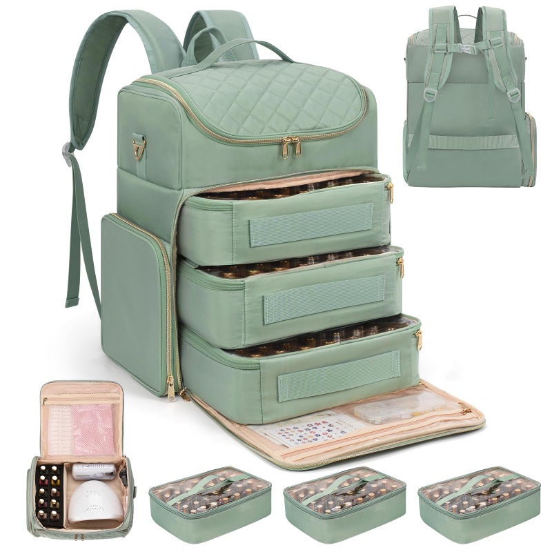 CUBETASTIC Extra Large Nail Polish Organizer Backpack, Holds 124+ Bottles & Full Size Lamp, Travel Nail Organizers and Storage Bag with 3 Removable Pouches, Portable Nail Supplies Case (Rhombus Green, 124 Slots) - Image 1