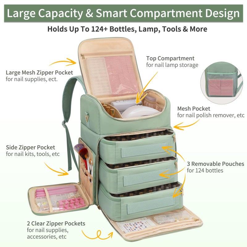CUBETASTIC Extra Large Nail Polish Organizer Backpack, Holds 124+ Bottles & Full Size Lamp, Travel Nail Organizers and Storage Bag with 3 Removable Pouches, Portable Nail Supplies Case (Rhombus Green, 124 Slots) - Image 3