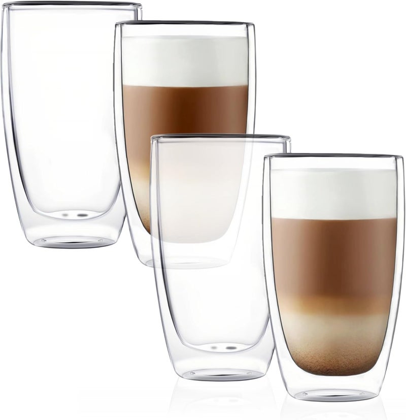 CnGlass Double Wall Thermo Glass Coffee Cup 13.5 oz,Clear Insulated Glass Coffee Mug for Latte Cappuccino Tea Milk,Set of 4 - Image 1