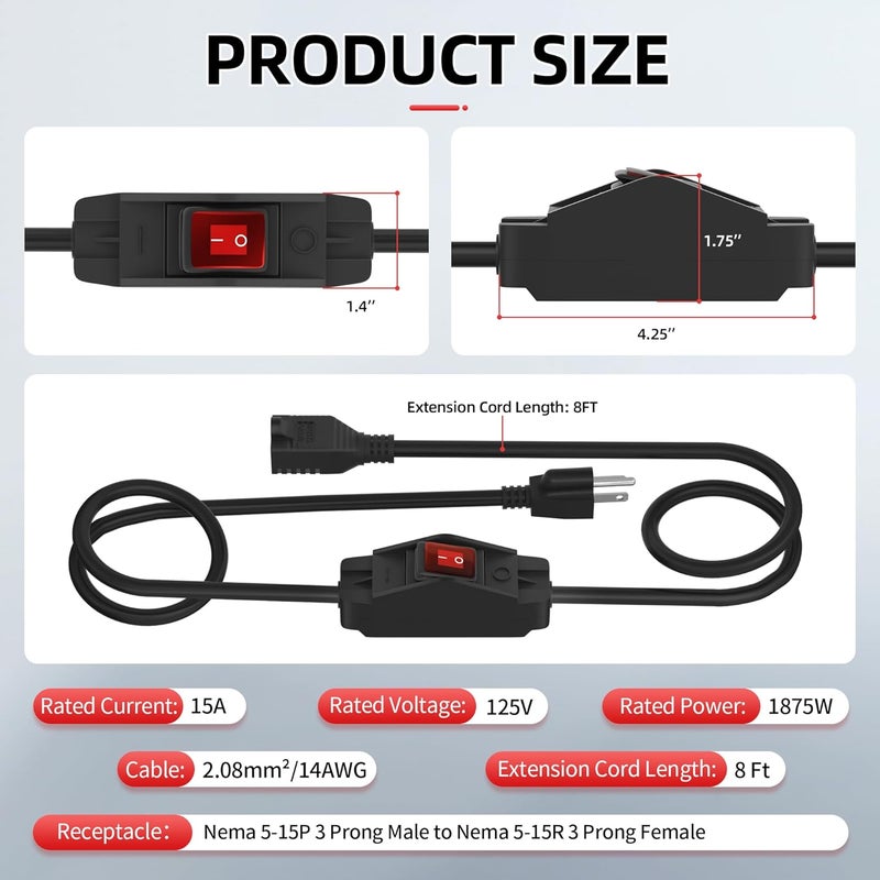 Joinfworld سلك تمديد مزود بمفتاح من Join fworld بطول 8 أقدام للاستخدام الخارجي، 14 AWG، ثلاثي الشعب، مع مفتاح تشغيل/إيقاف 15 A 125 V، ومفتاح طاقة مضاء مدمج مقاوم للماء للمعدات الكهربائية - Image 2