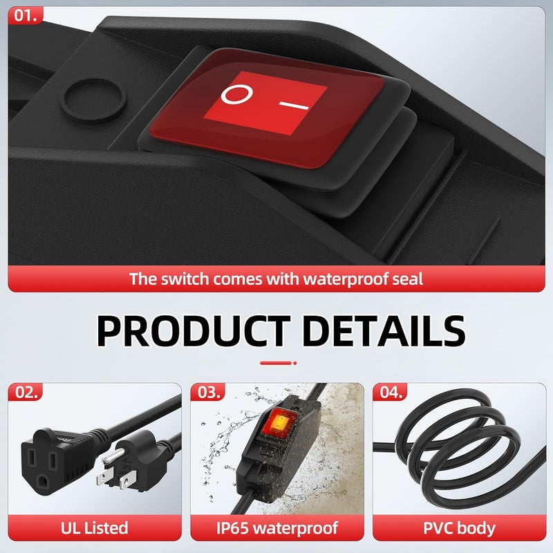 Joinfworld سلك تمديد مزود بمفتاح من Join fworld بطول 8 أقدام للاستخدام الخارجي، 14 AWG، ثلاثي الشعب، مع مفتاح تشغيل/إيقاف 15 A 125 V، ومفتاح طاقة مضاء مدمج مقاوم للماء للمعدات الكهربائية - Image 3