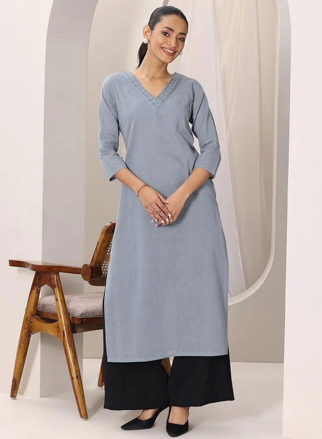 Libas  Blue Striped Cotton Straight Kurta for Women | Best Price UAE