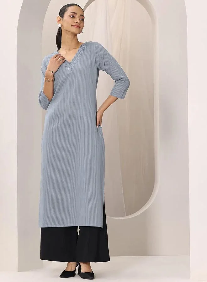 Libas  Blue Striped Cotton Straight Kurta for Women | Best Price UAE