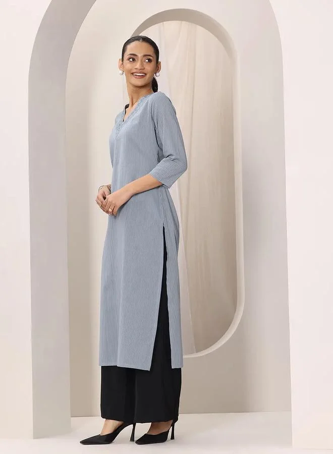 Libas  Blue Striped Cotton Straight Kurta for Women | Best Price UAE