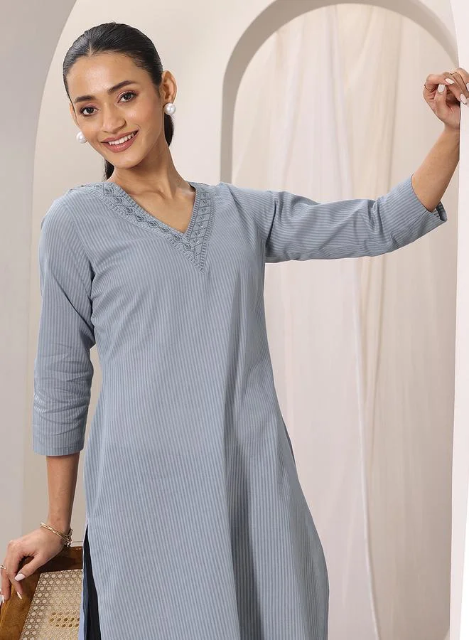 Libas  Blue Striped Cotton Straight Kurta for Women | Best Price UAE