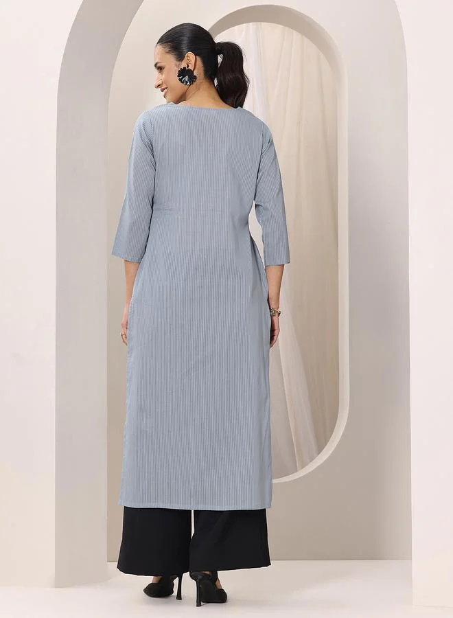 Libas  Blue Striped Cotton Straight Kurta for Women | Best Price UAE