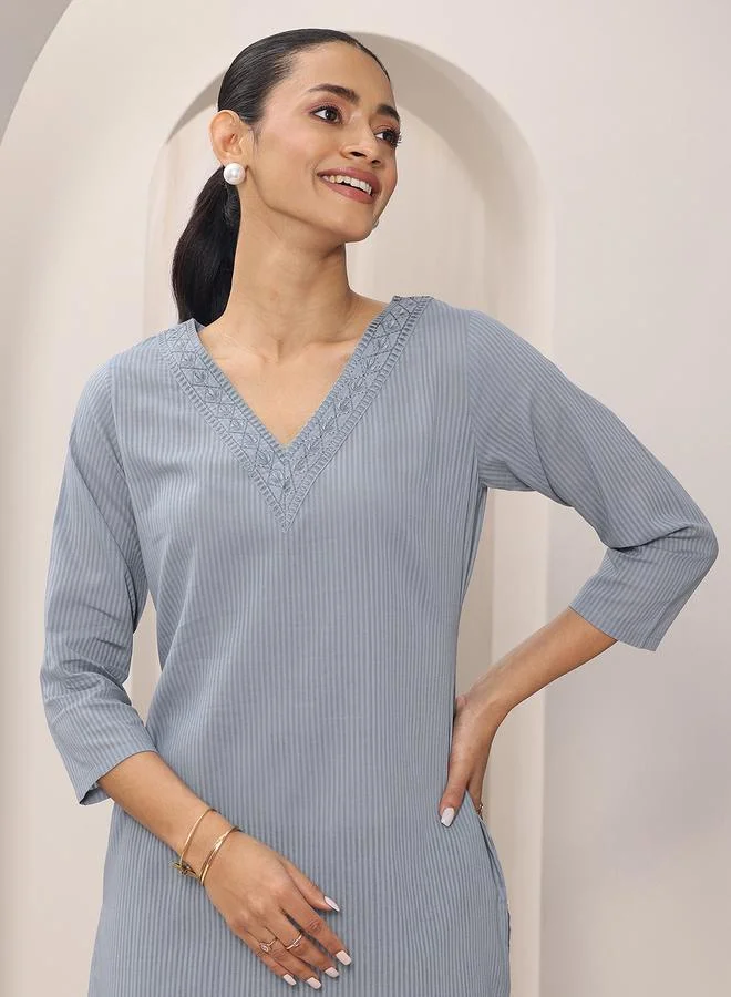 Libas  Blue Striped Cotton Straight Kurta for Women | Best Price UAE