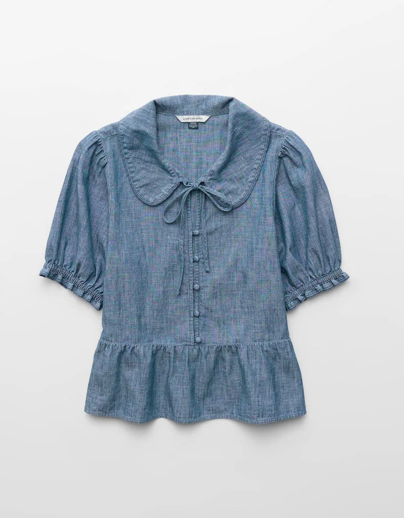 American Eagle  AE Chambray Puff Sleeve Top for Women | Best Price UAE