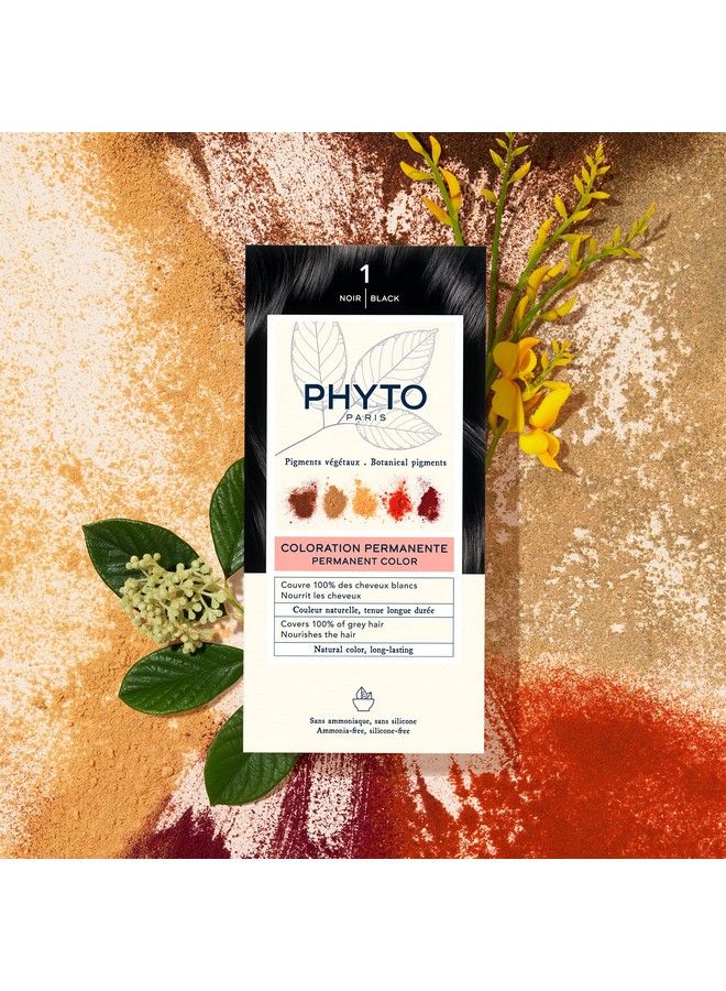 Phyto صبغة شعر دائمة باللون الأسود 1 مع أصباغ نباتية تغطية 100% للشعر الرمادي خالية من الأمونيا خالية من PPD خالية من الريزورسين 0.42 أونصة - Image 5